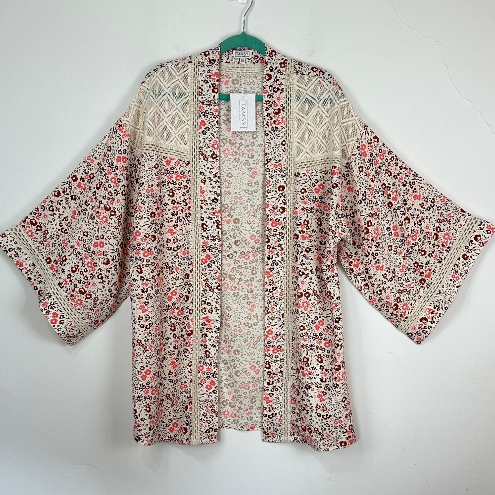 NWT Tamsy Embroidered Ditsy Floral Ivory Kimono Robe OS Boho Beach